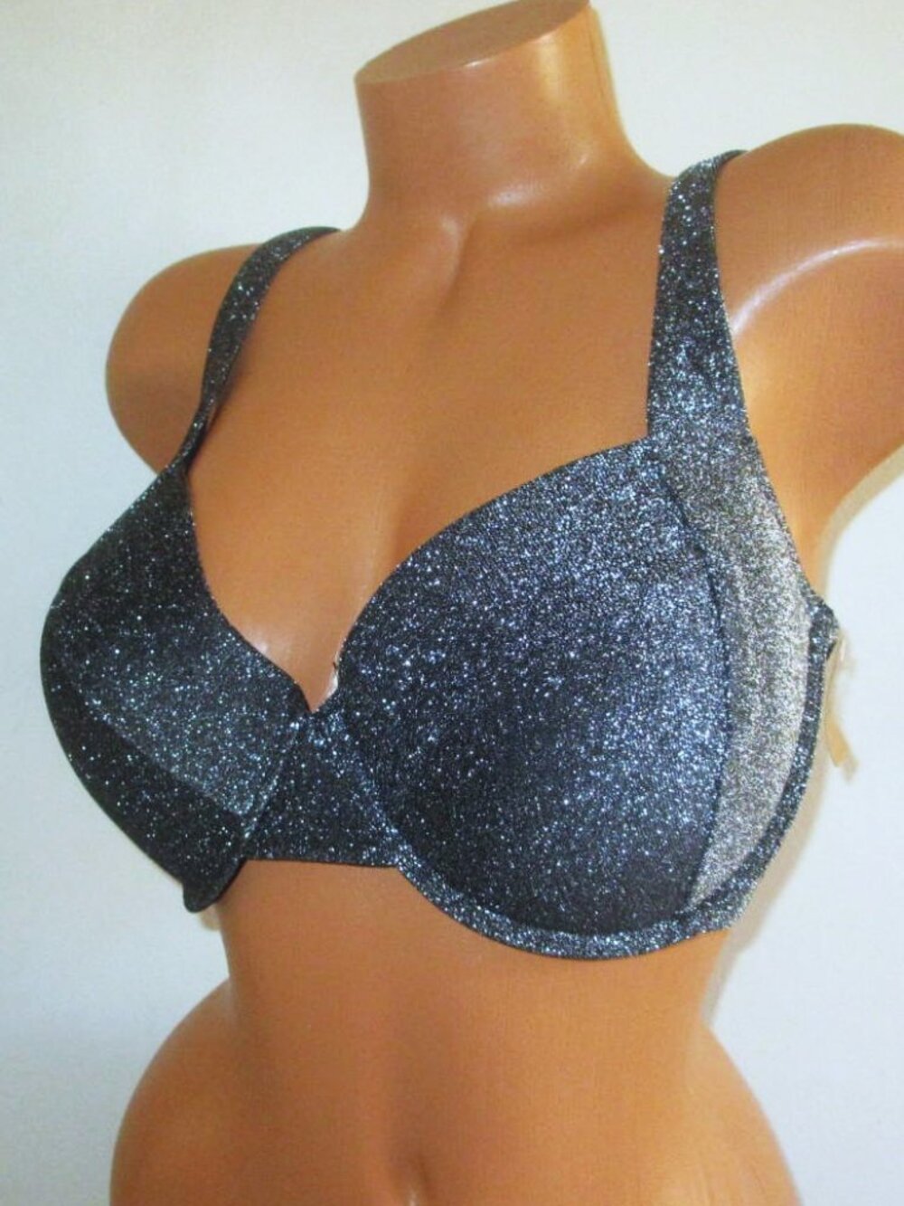 PINK Victoria Secret Swim Push Up Bikini Top XXL - 40D 42C 42D Glitter Black nwt